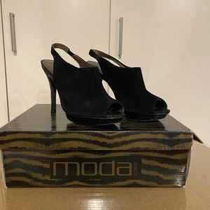 Mods Black Suede Slingback Peep Toe Shoes
